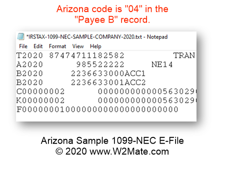 Arizona 1099-NEC E-File Sample